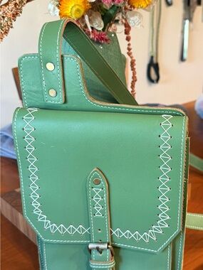 Green Crossbody Bag with White Contrast Stitching